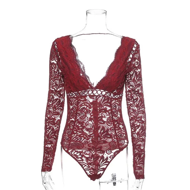 Long Sleeve Lace Bodysuit - Black Lace Bodysuit - White Lace Bodysuit - Wine Lace Bodysuit