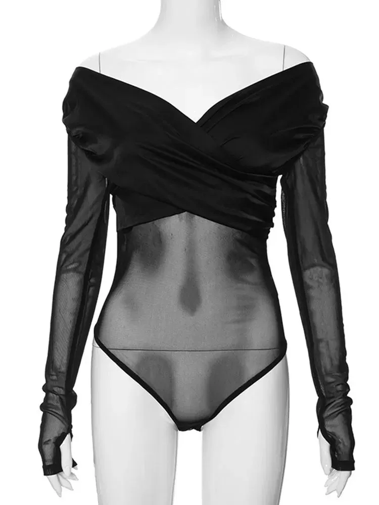 Long Sleeved See Through Mesh High Strecth Tight Fit Black Bodysuits