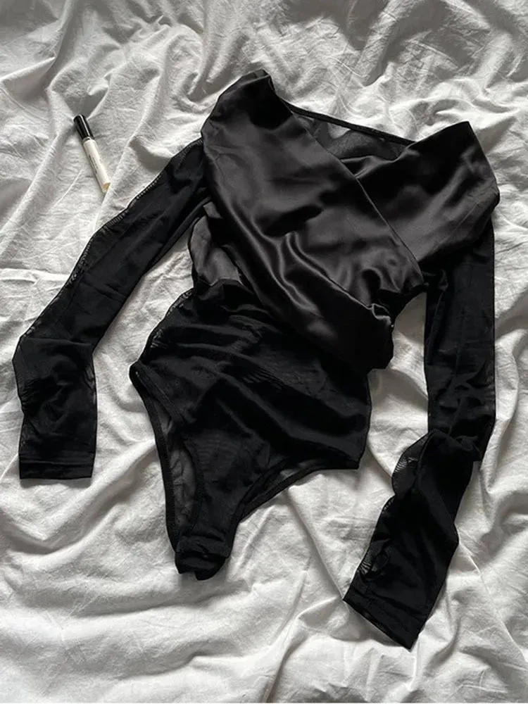 Long Sleeved See Through Mesh High Strecth Tight Fit Black Bodysuits