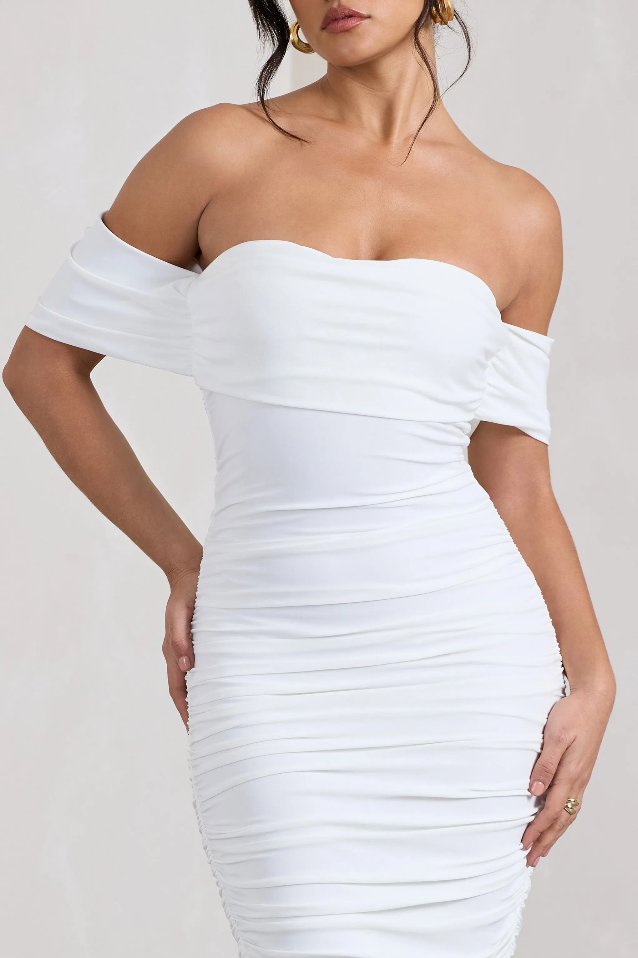 Lost For Words | White Bardot Ruched Draped Midi Dress