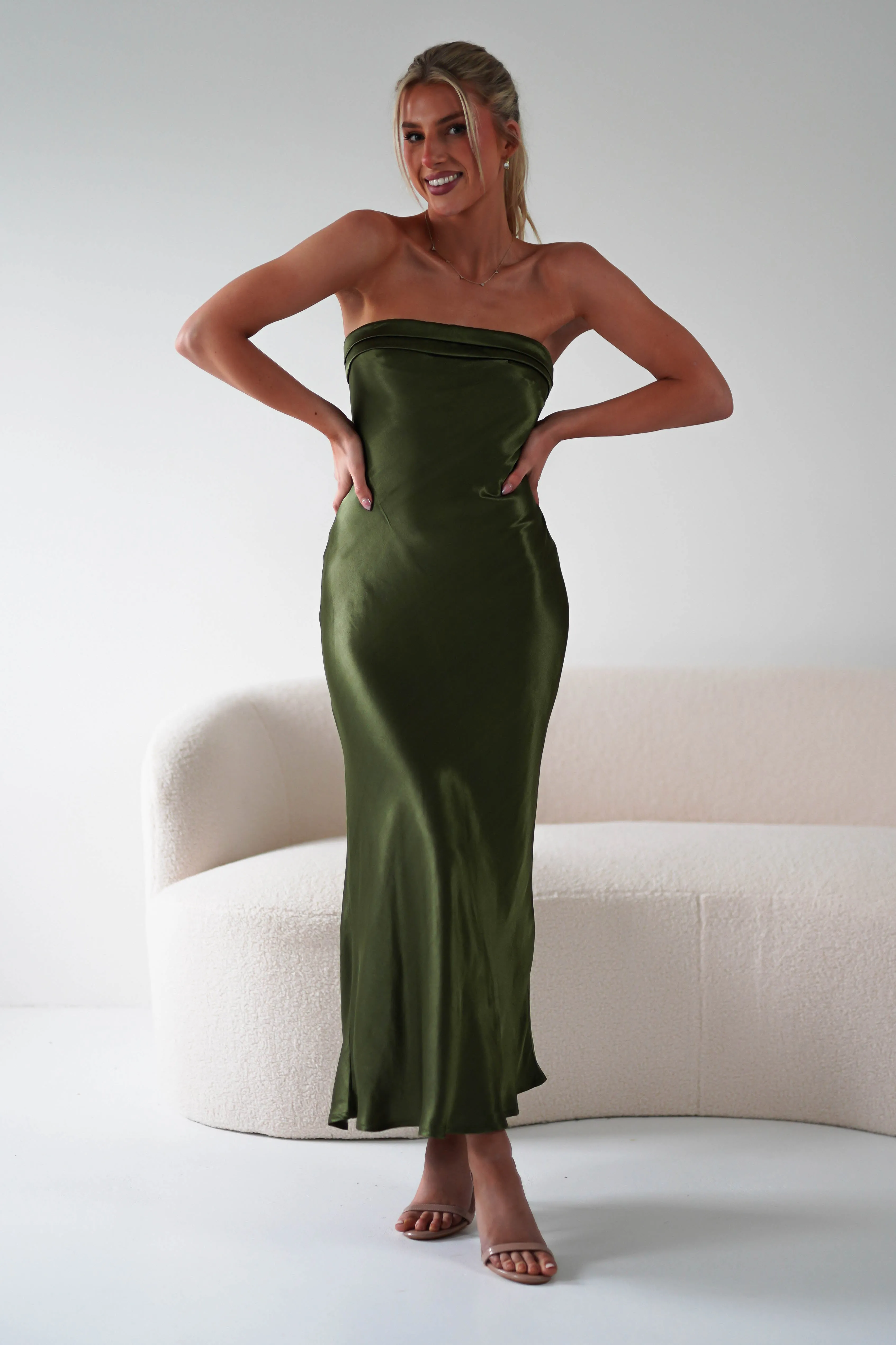 Lucia Soft Satin Slip Midi Dress | Olive