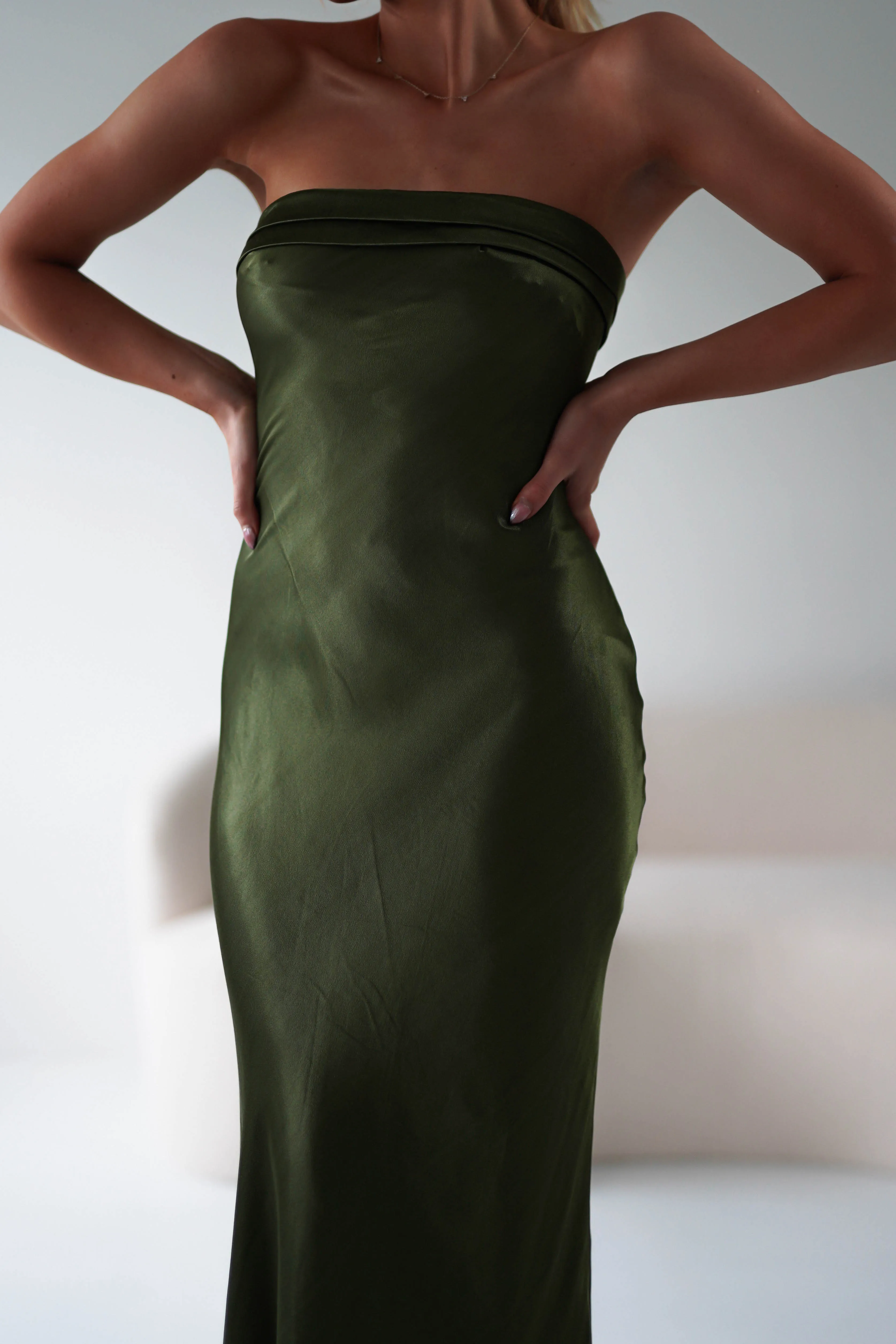 Lucia Soft Satin Slip Midi Dress | Olive