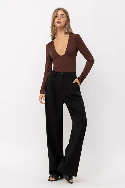 Maisie Long Sleeve Plunge V Neck Jersey Bodysuit - Chocolate