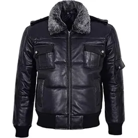 Men’s Black Hair On Collar Puffer Bomber 100% Real Leather Jacket