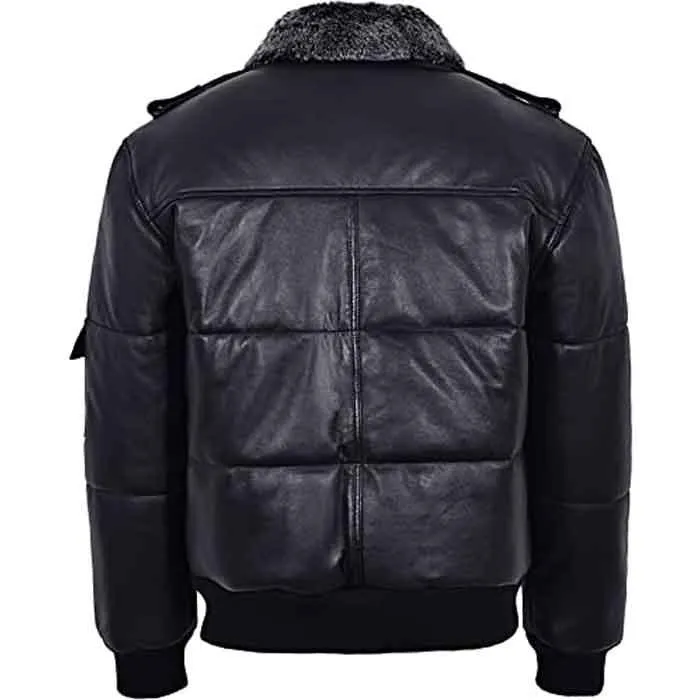 Men’s Black Hair On Collar Puffer Bomber 100% Real Leather Jacket