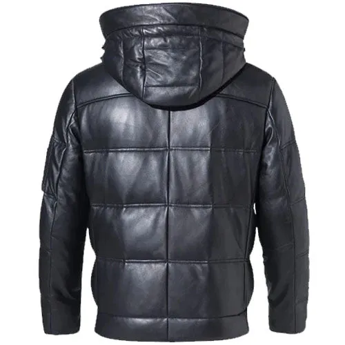 Mens Hooded Leather Puffer Jacket In Black