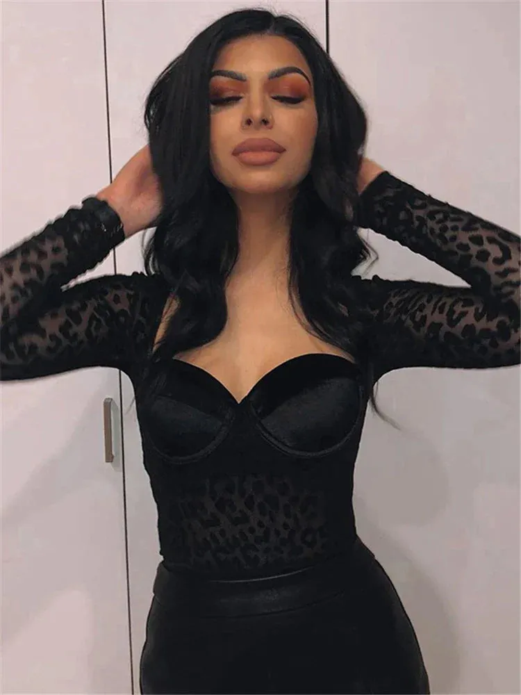 Mesh Leopard See Through Black Long Sleeve Bodysuit