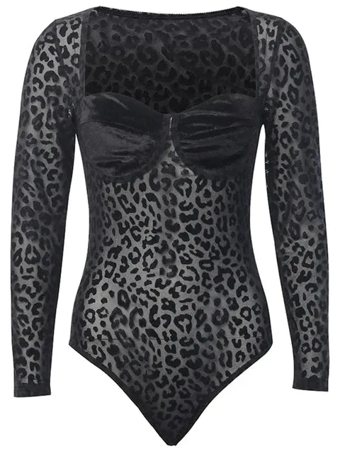 Mesh Leopard See Through Black Long Sleeve Bodysuit