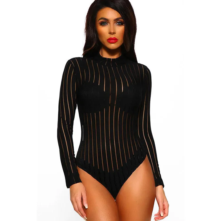 Mesh Skinny Mock Neck See-Through Long Sleeve Bodysuit