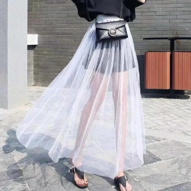 Mesh Voile Low Waist Long Lace Skirt