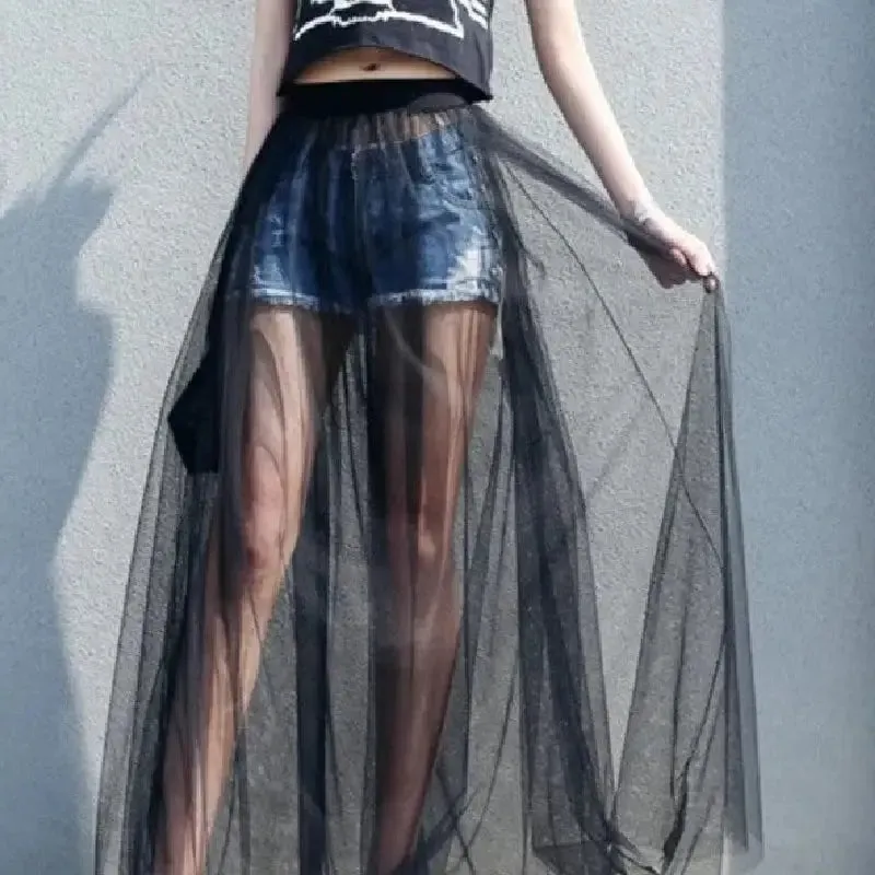 Mesh Voile Low Waist Long Lace Skirt