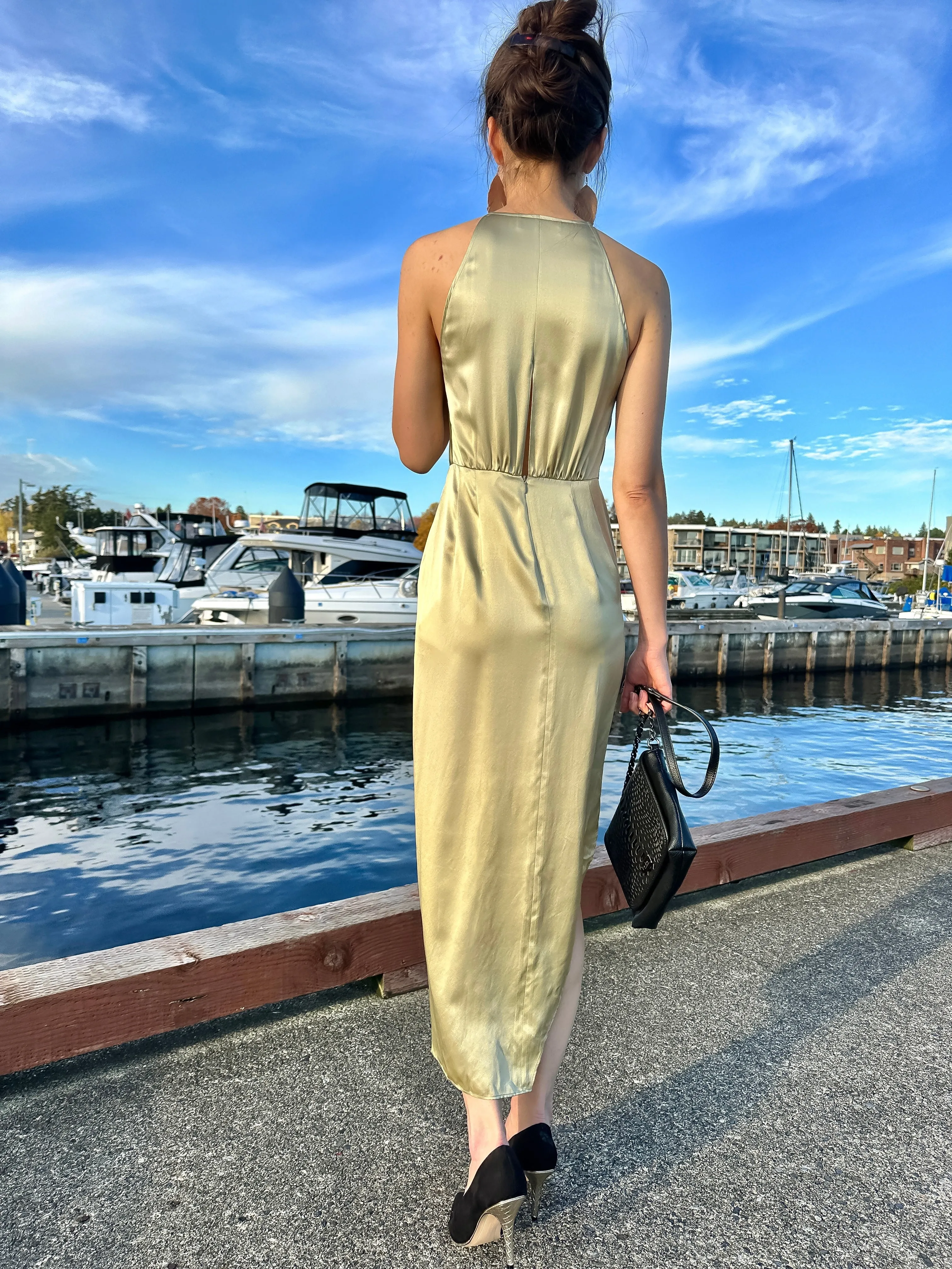 Modern Wrap Silk Dress with High Side Slit Olive-Champagne