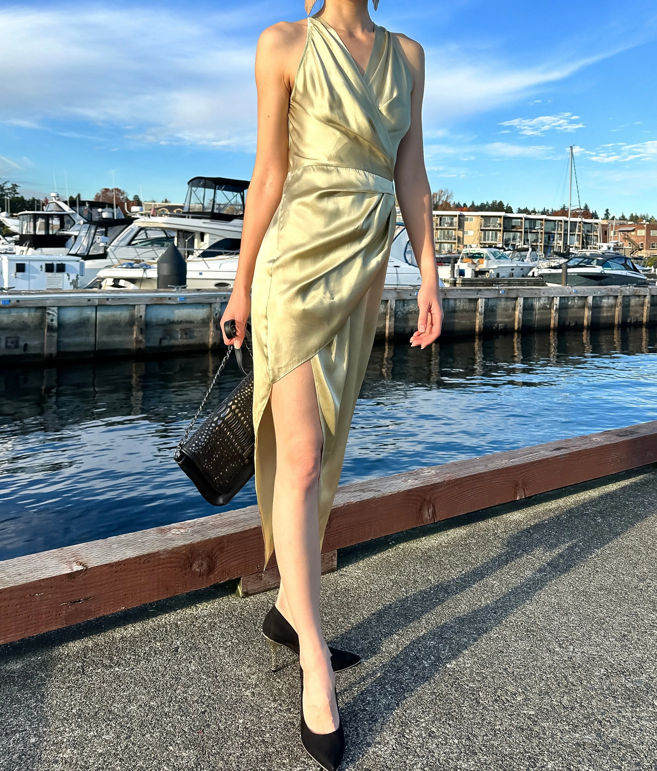 Modern Wrap Silk Dress with High Side Slit Olive-Champagne