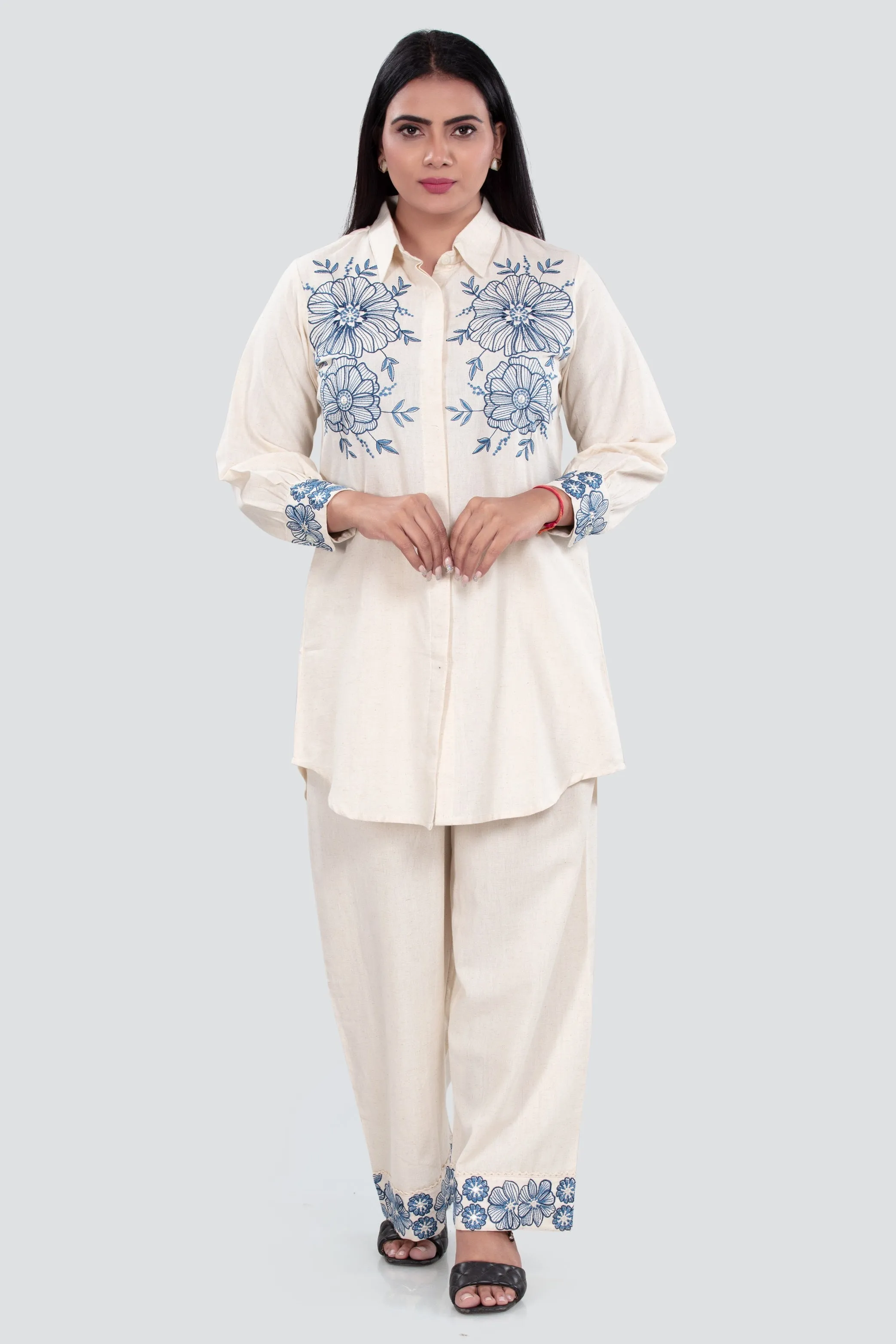 Off White Cotton Flax Straight Embroidered Kurta Pant Co ord Set