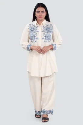 Off White Cotton Flax Straight Embroidered Kurta Pant Co ord Set