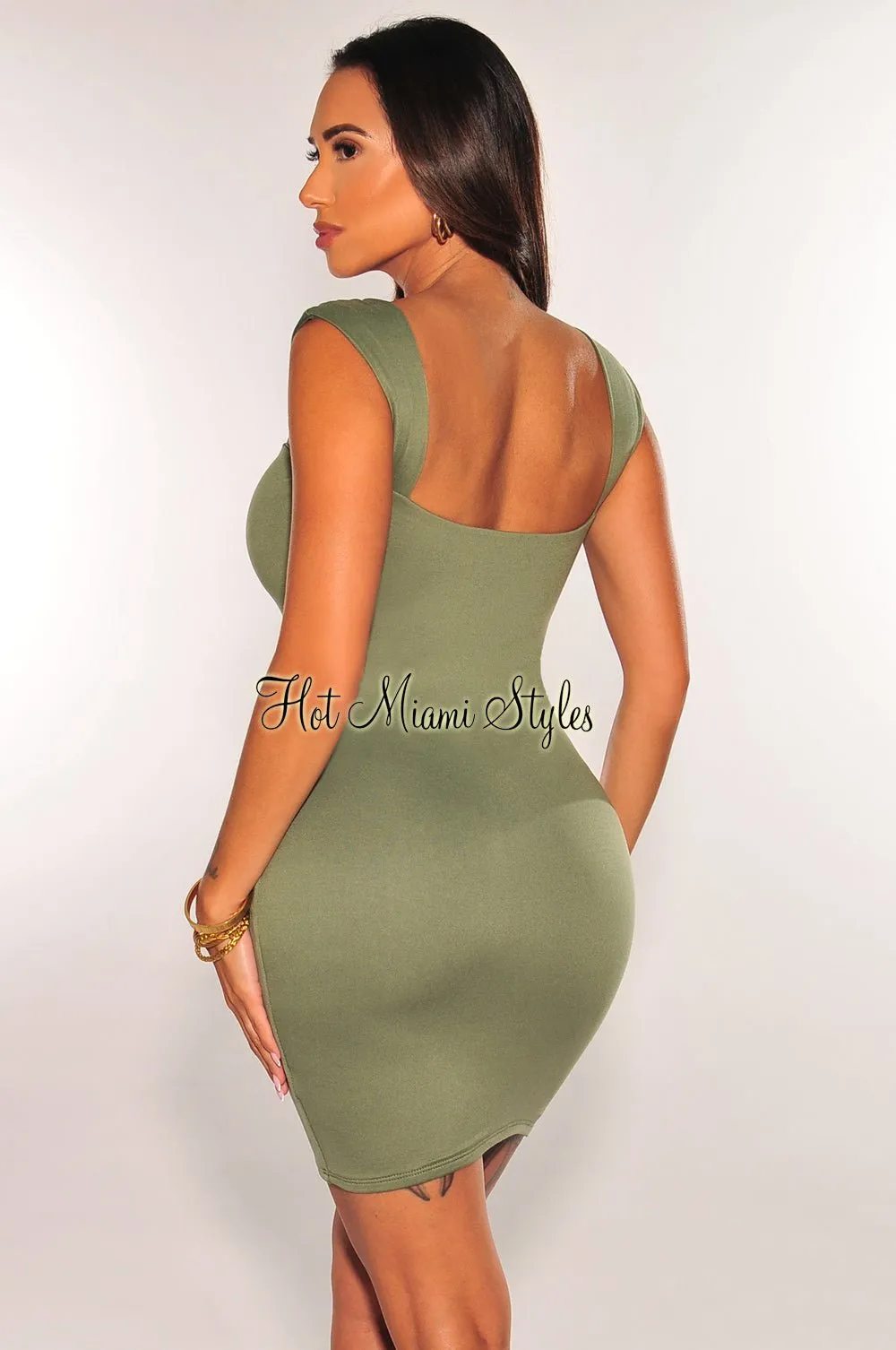 Olive Cap Sleeve Sweetheart Mini Dress