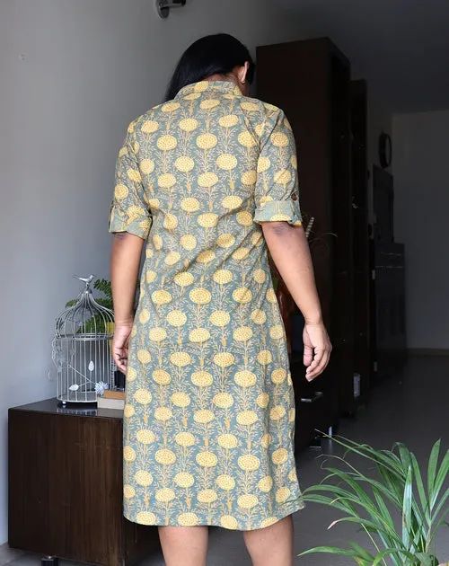 Olive Green and Mustard Floral Cotton Shirt