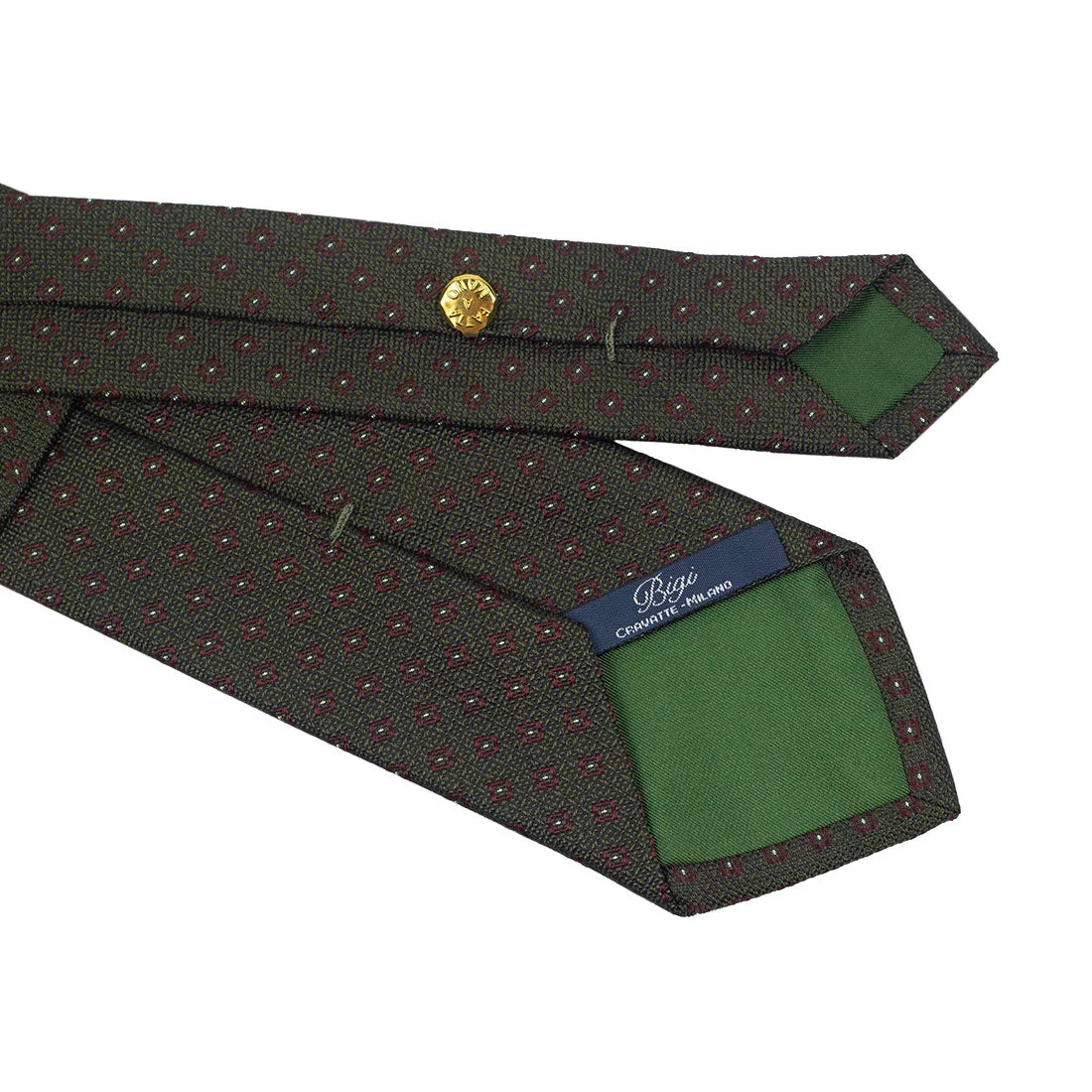 Olive green woven silk tie with burgundy neat motifs