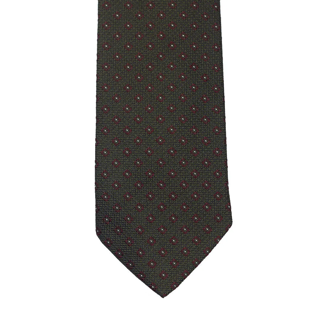 Olive green woven silk tie with burgundy neat motifs