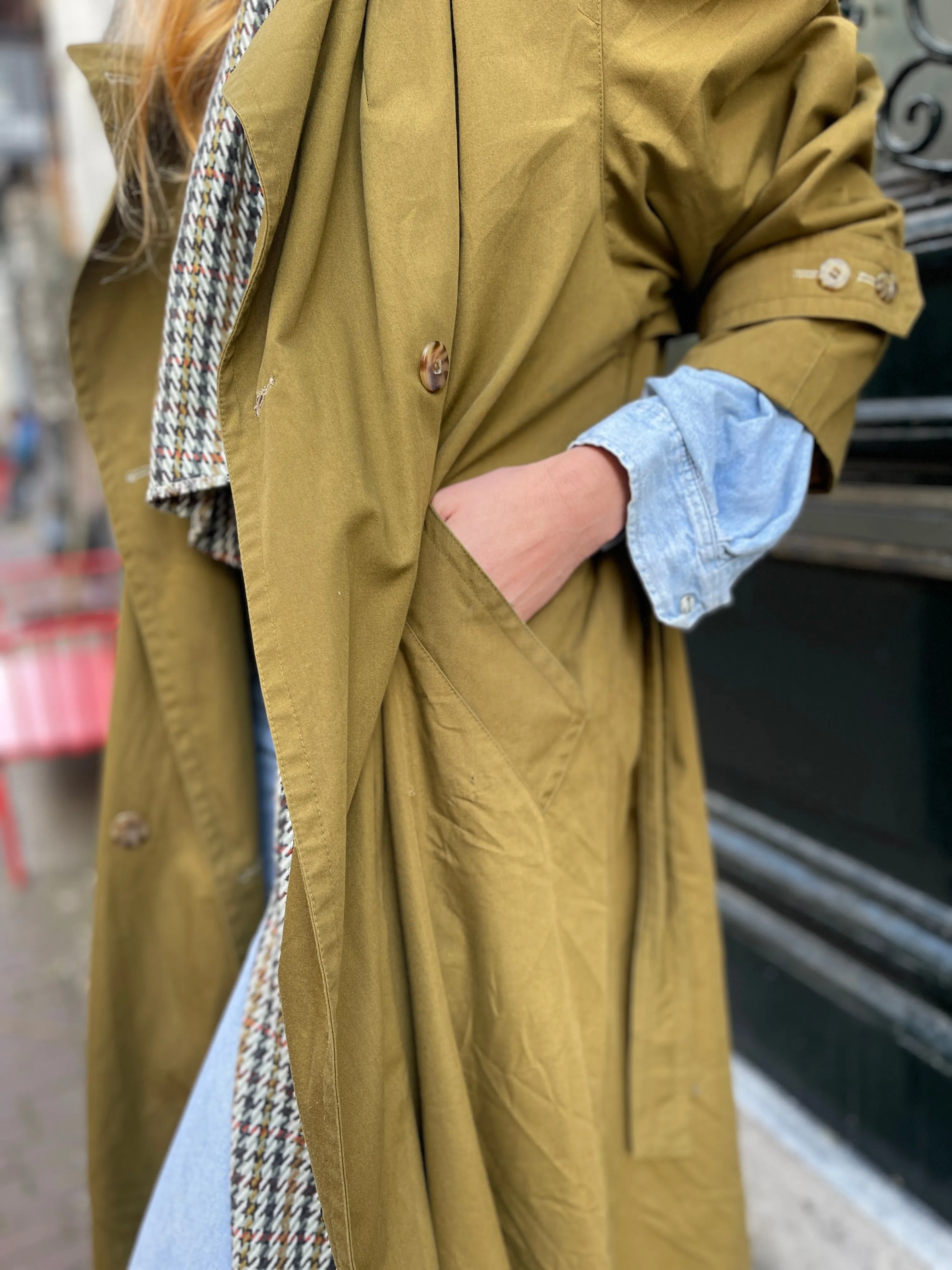 Olive lined trench coat.