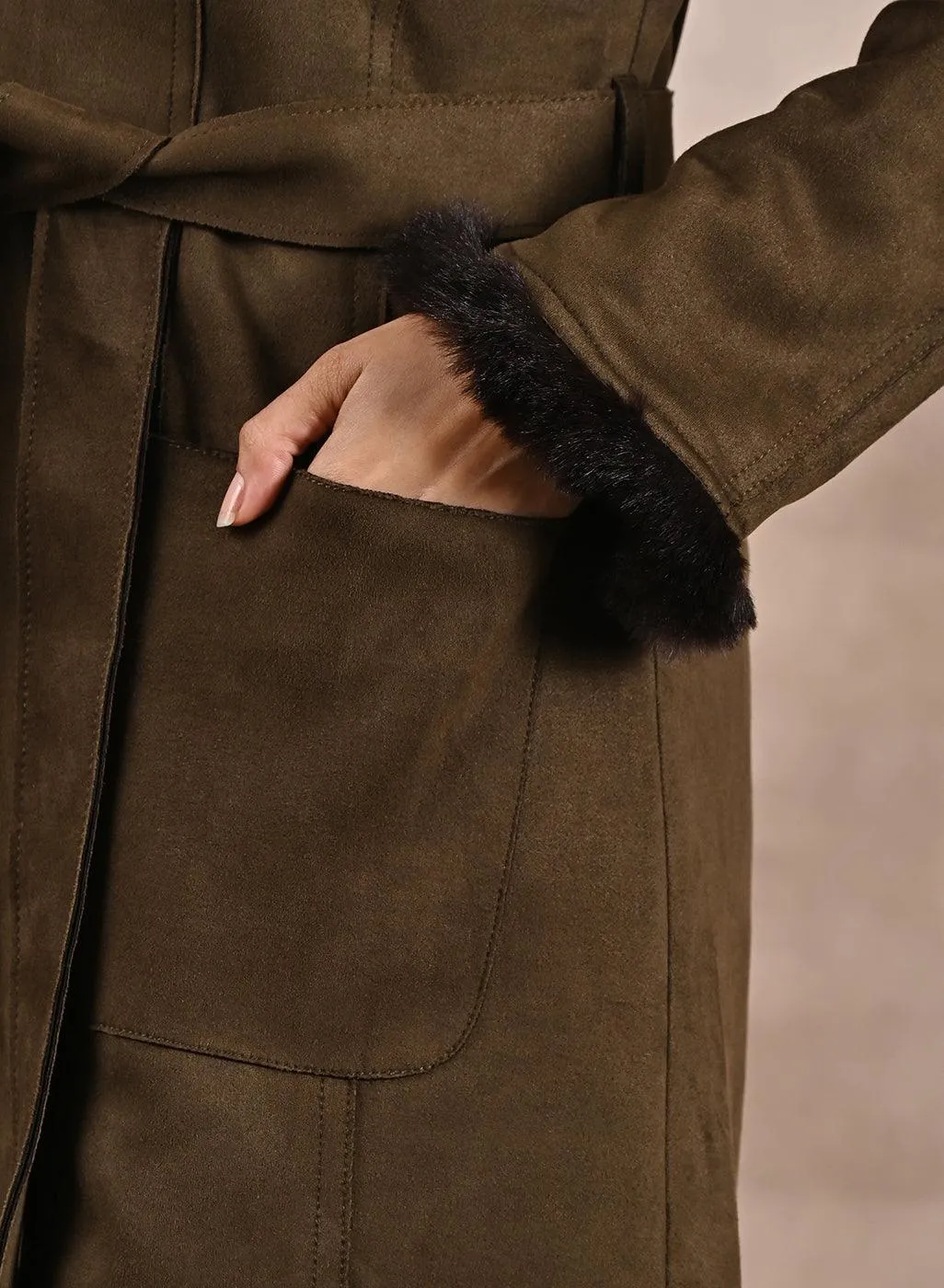 Olive Long Belted Trench Coat with Fur Detailing