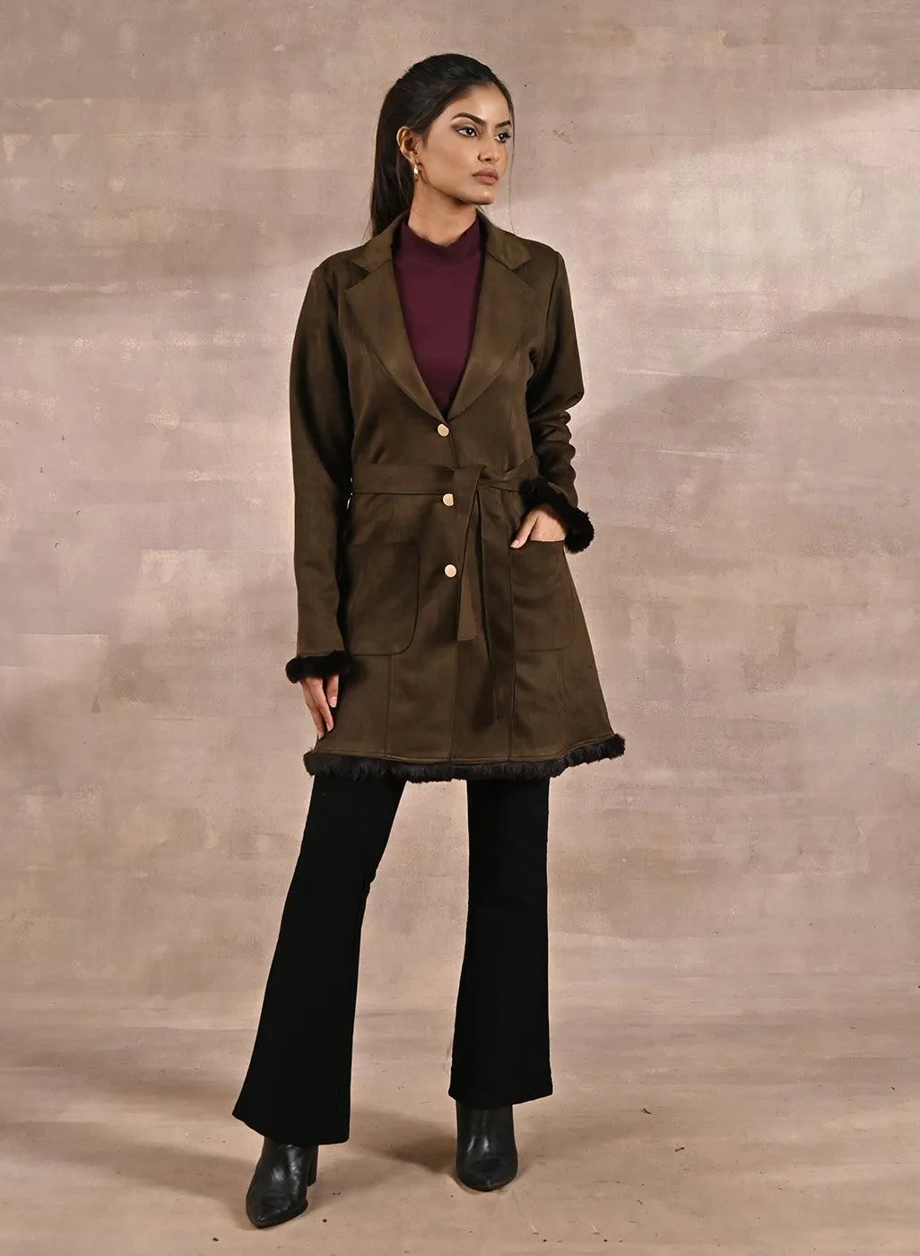 Olive Long Belted Trench Coat with Fur Detailing