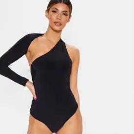 One Shoulder Long Sleeve Bodysuit Slim-Fit Black