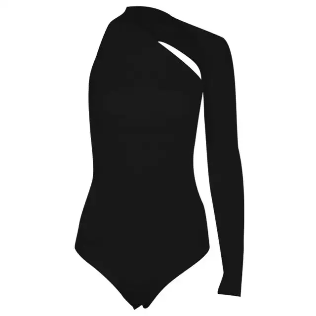 One Shoulder Long Sleeve Bodysuit Slim-Fit Black