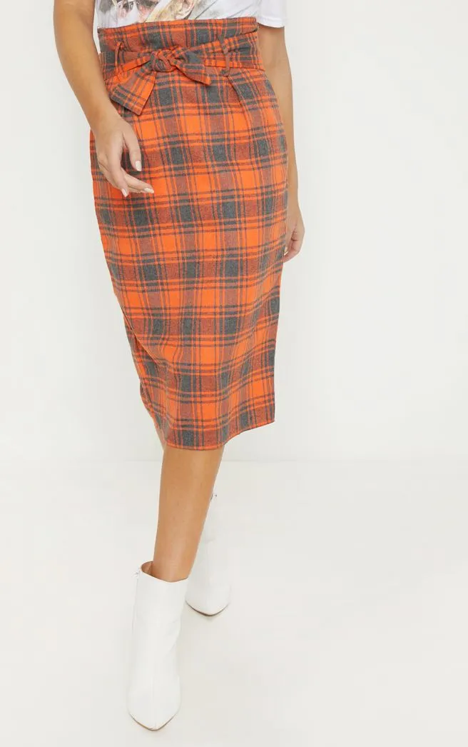 Orange check midi skirt