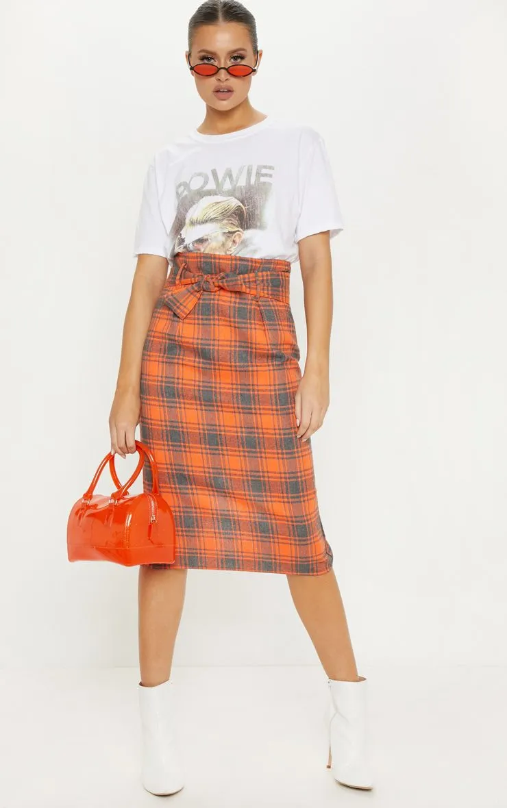 Orange check midi skirt