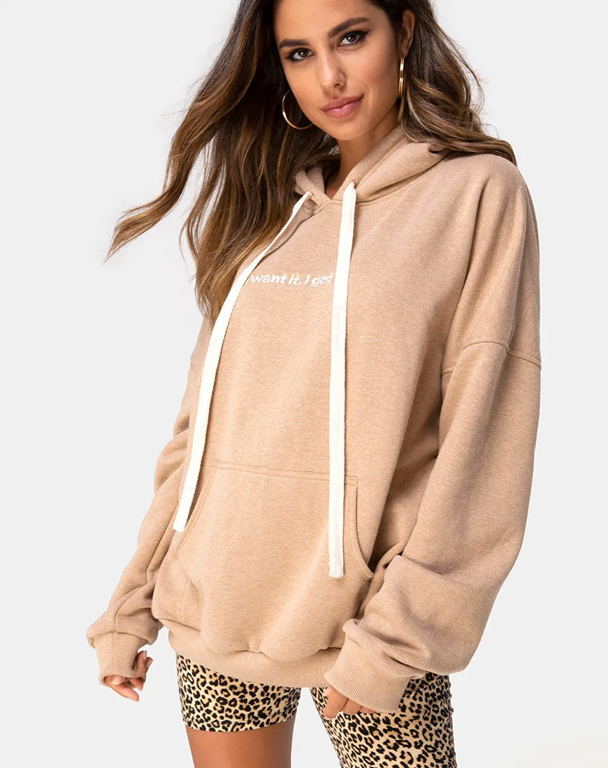 Oversize Hoody in Tan I Want it Embro