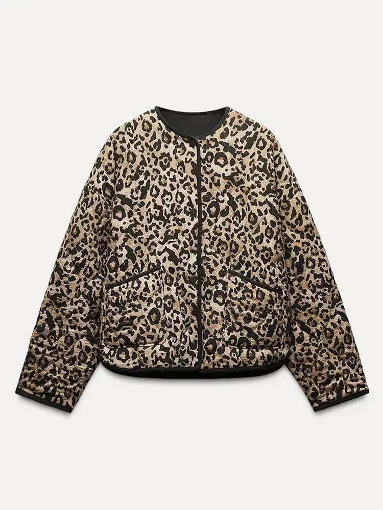 Padded chic long loose sleeves puffer leopard jacket autumn jacket