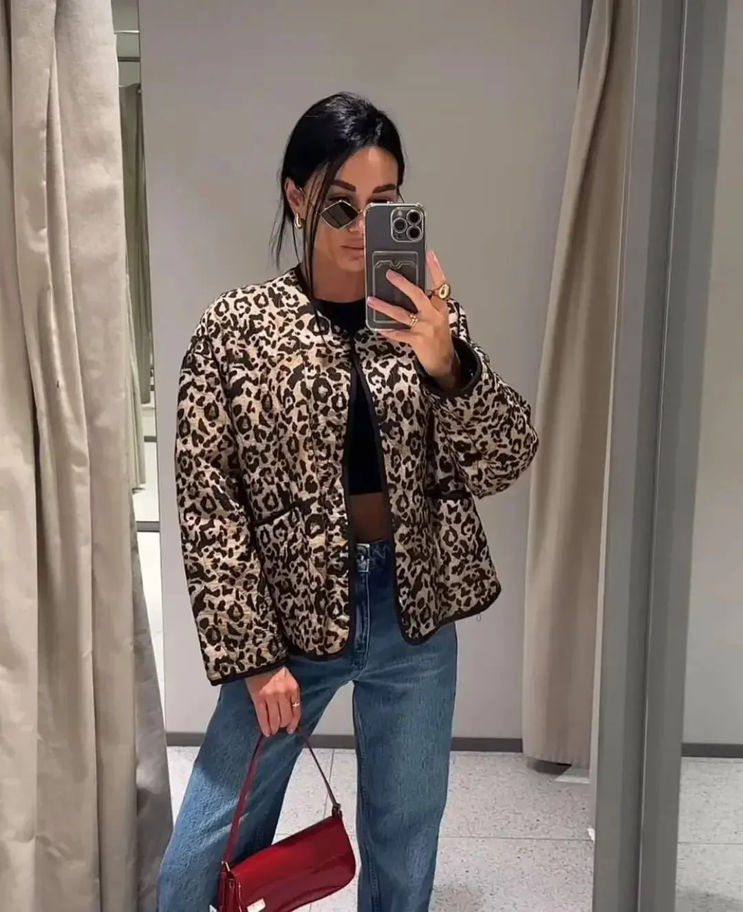 Padded chic long loose sleeves puffer leopard jacket autumn jacket