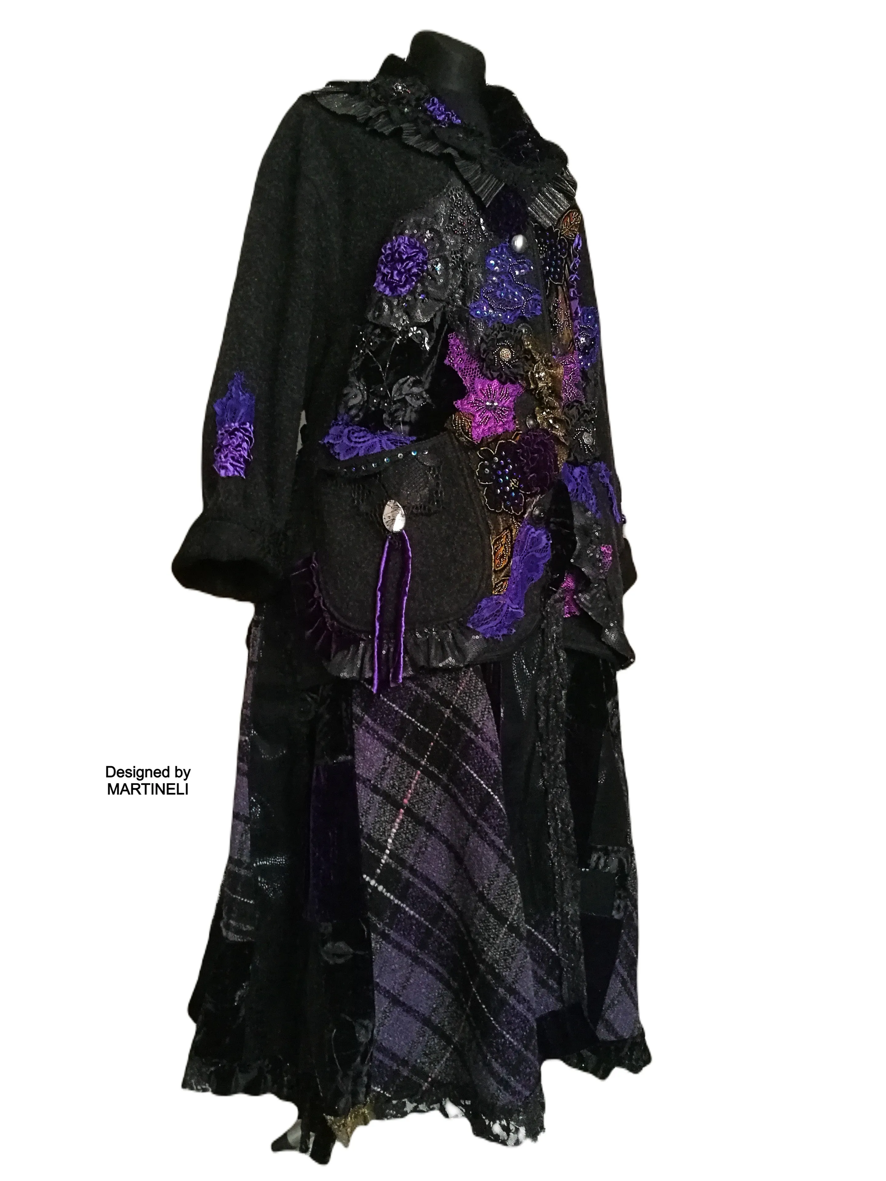 Plus Size Wool Coat,3XL Black Maxi Coat,Boho Embroidered Coat