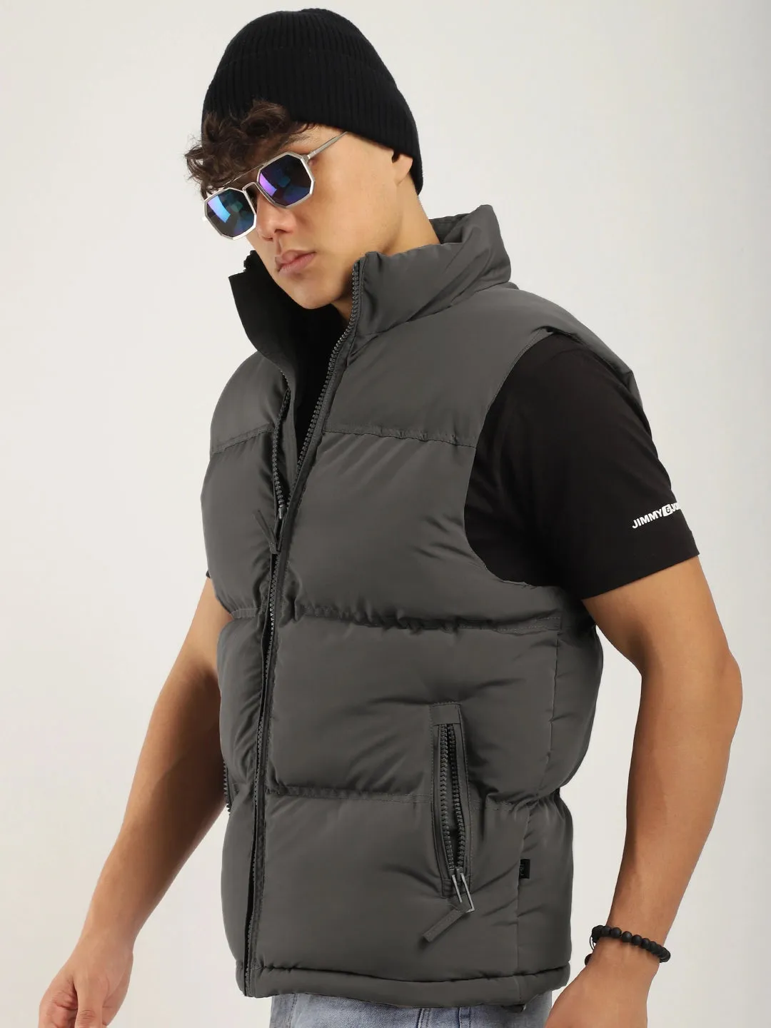 Quilted Gilet Cut Sleeves Grey Puffer Jacket