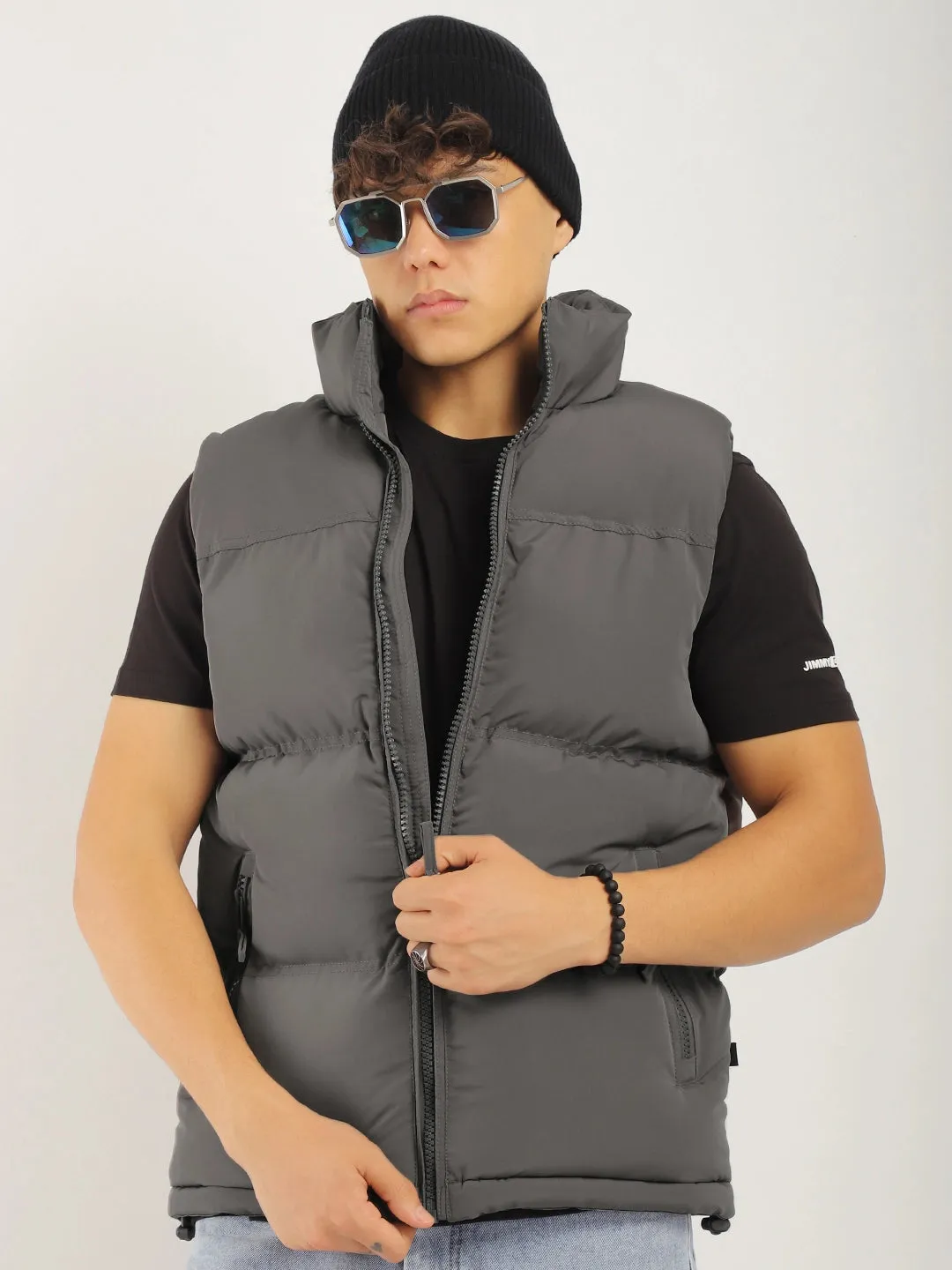 Quilted Gilet Cut Sleeves Grey Puffer Jacket