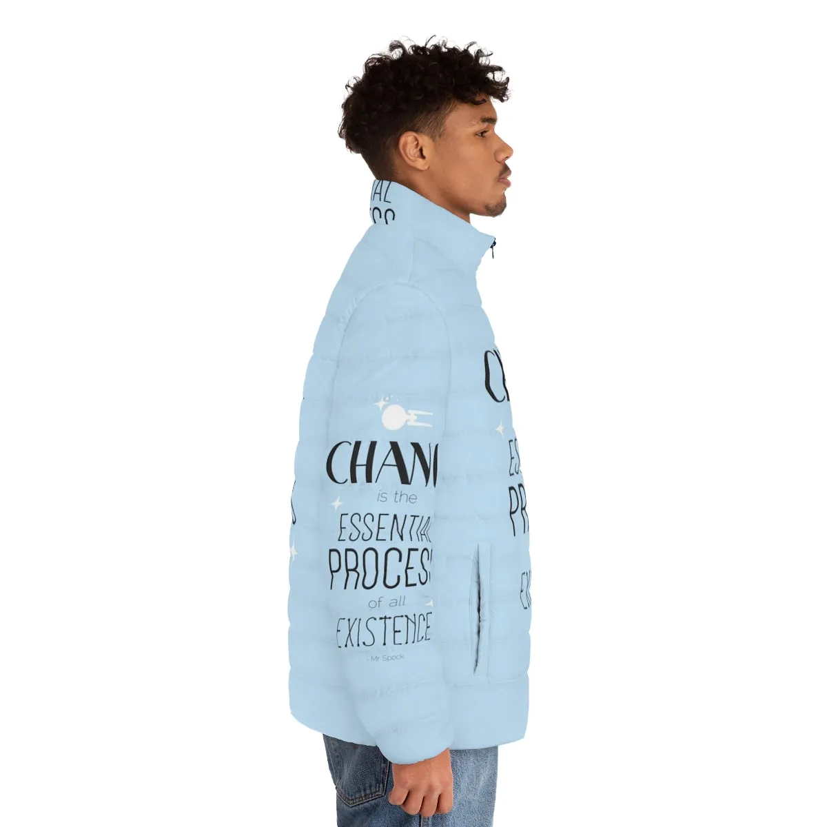 "Mr. Spock Quote Puffer Jacket - Boldly Embrace Change in Sci-Fi Style"