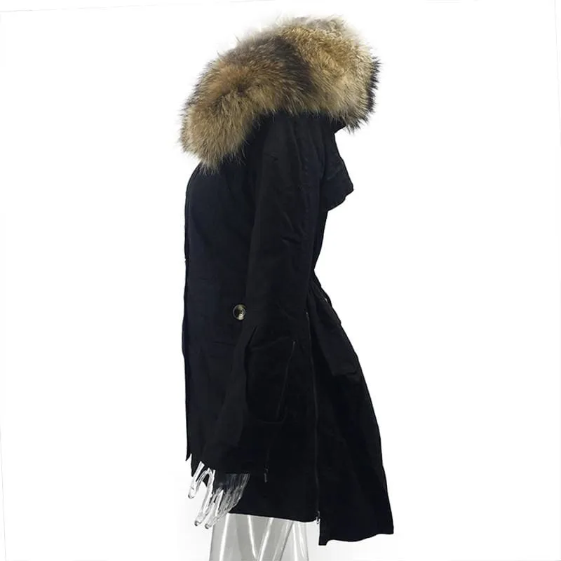 Removable Fur Hood Parka Black   Black Zips