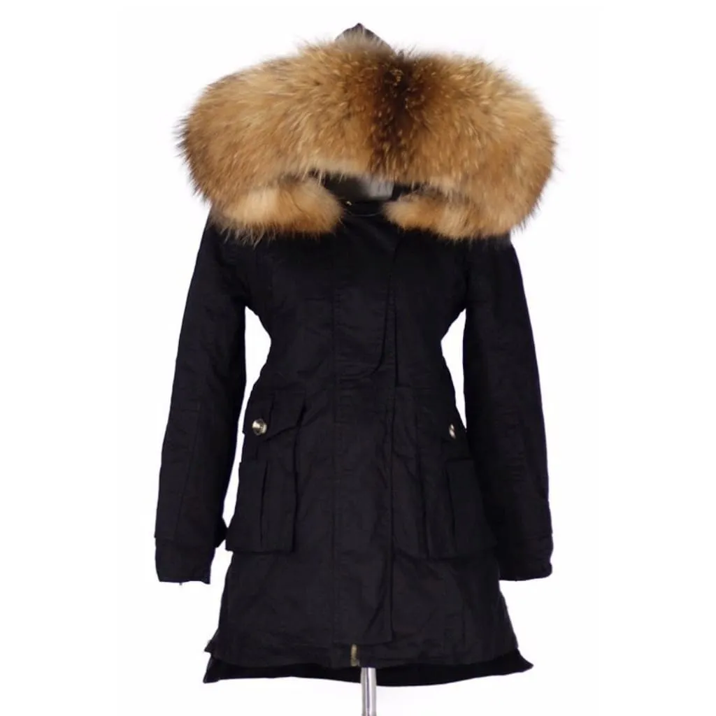 Removable Fur Hood Parka Black   Black Zips