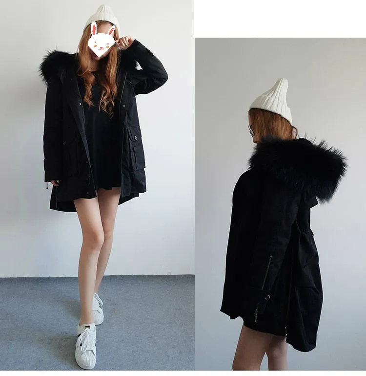 Removable Fur Hood Parka Black   Black Zips