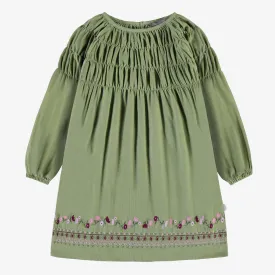 Robe vert olive avec fronces et broderies en corduroy, enfant || Olive green dress with gathers and embroidery in corduroy, child