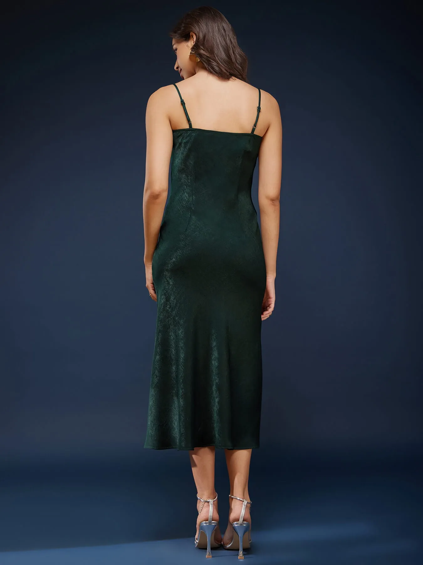 Satin Cowl Neck Slip Dress - Olive