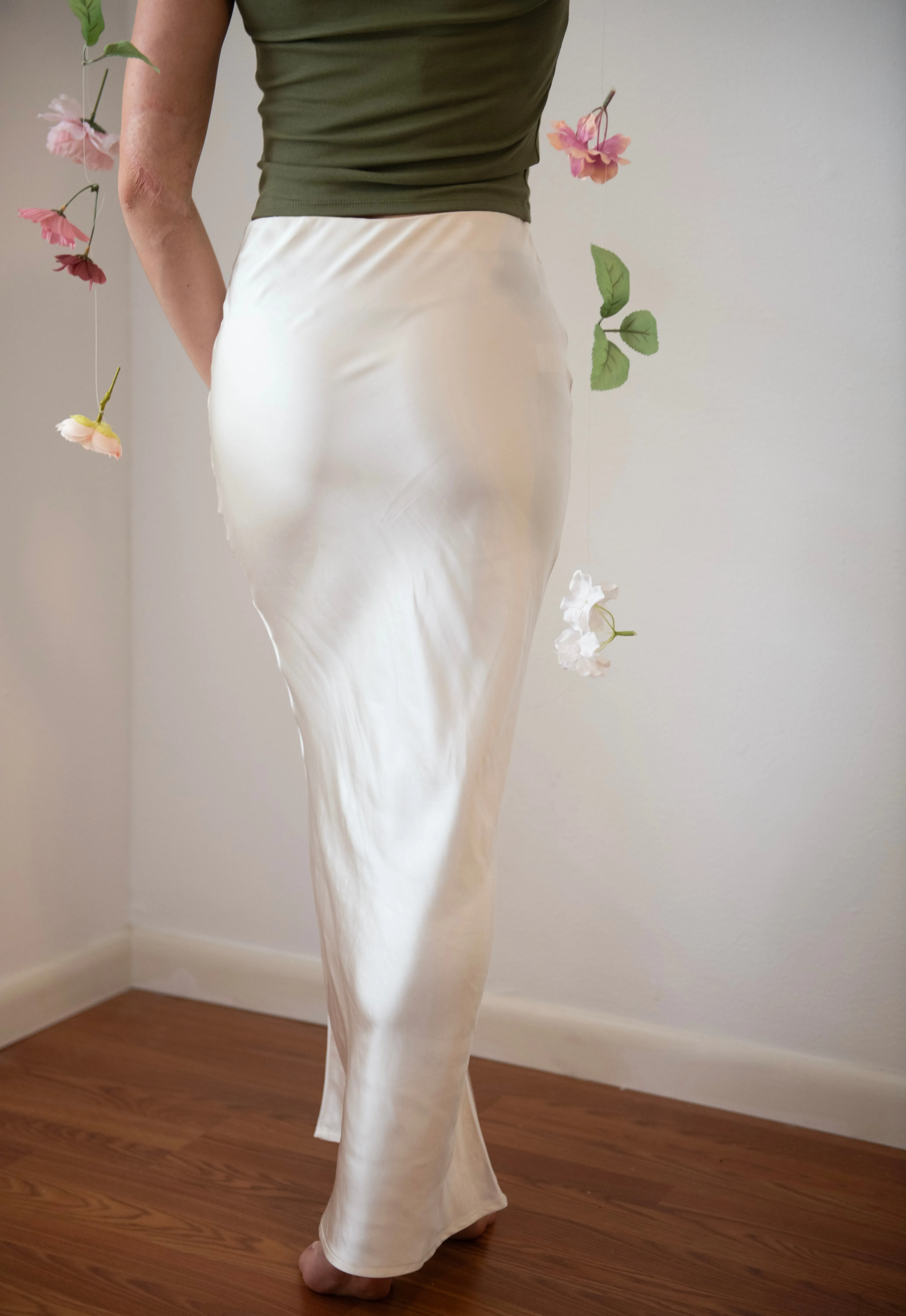 Satin Midi Skirt (Cream)