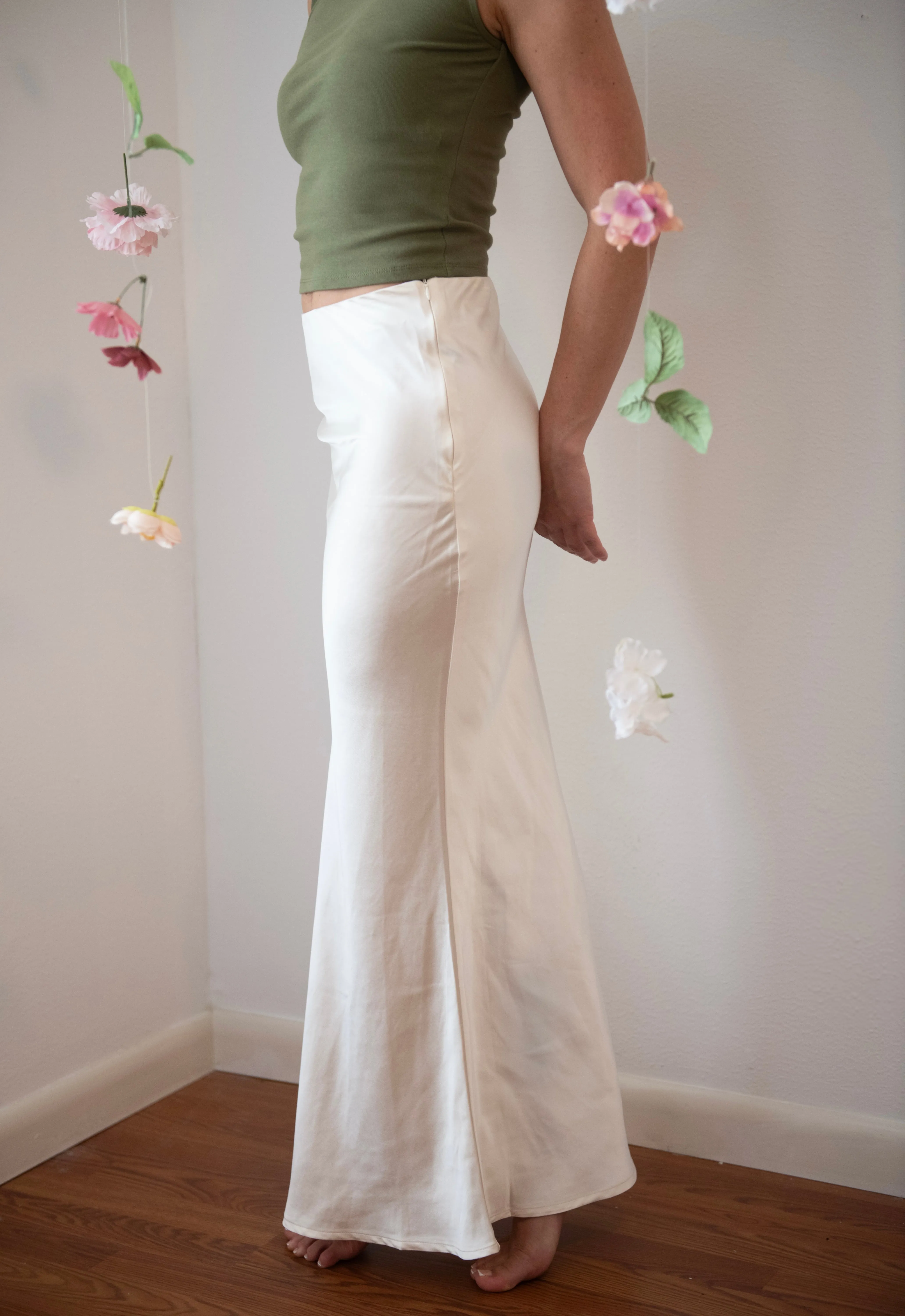 Satin Midi Skirt (Cream)