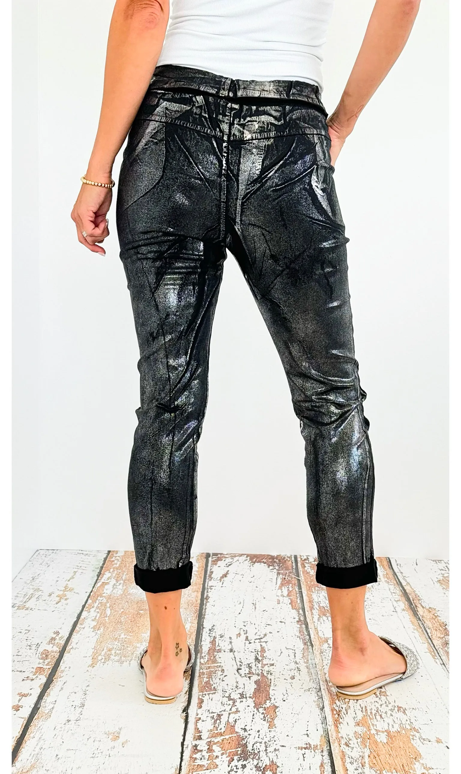 Shine-On Glistening Italian Joggers - Black/ Silver