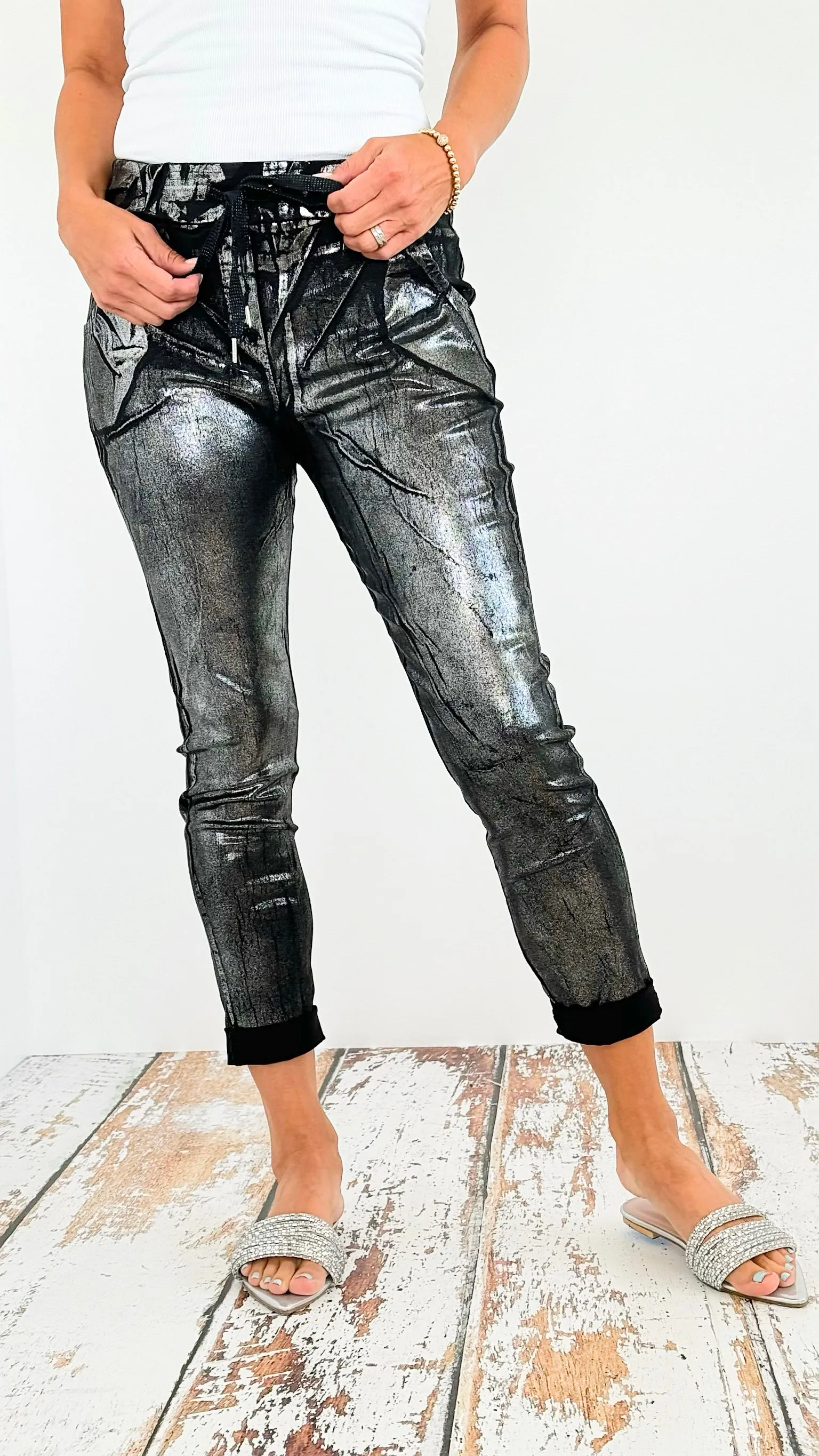 Shine-On Glistening Italian Joggers - Black/ Silver