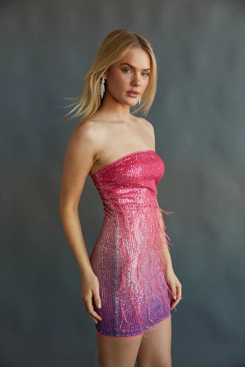 Skeef Strapless Feather Sequin Bodycon Mini Dress