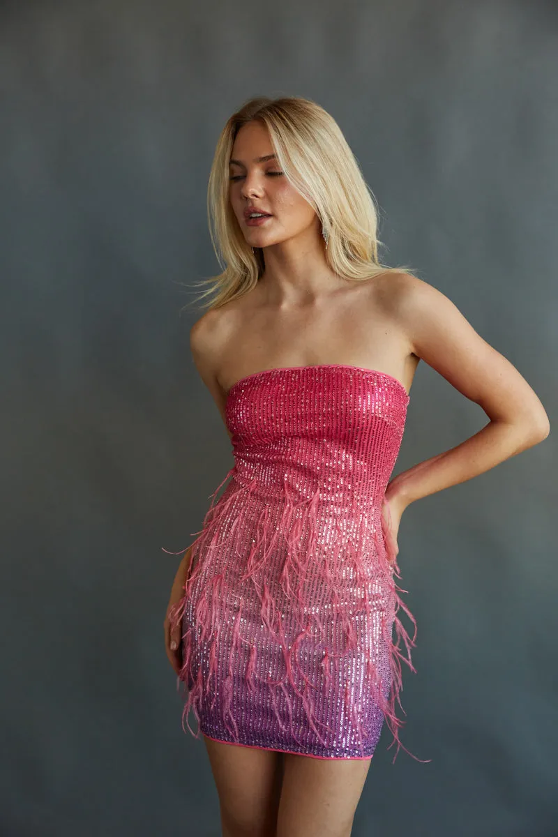 Skeef Strapless Feather Sequin Bodycon Mini Dress