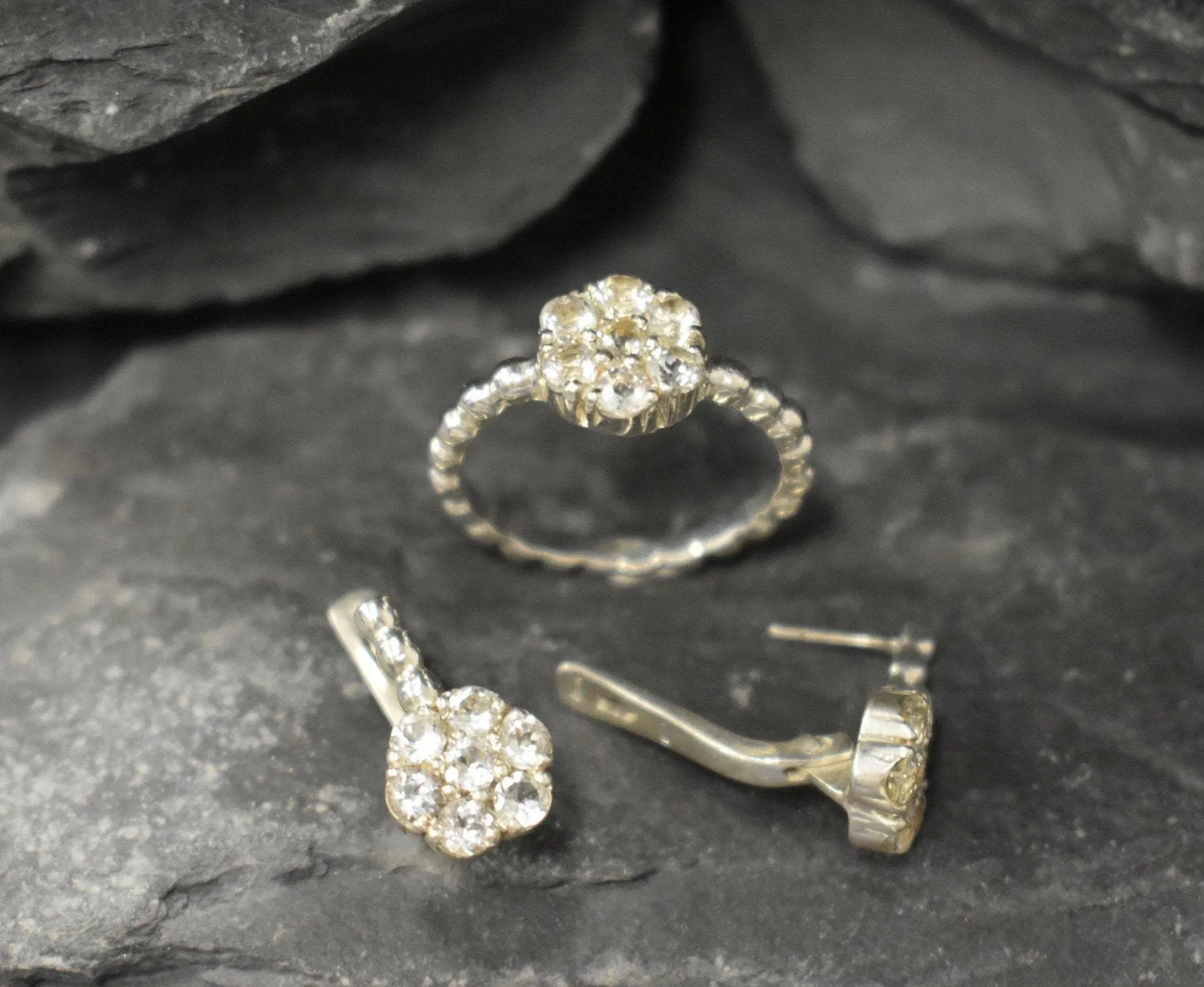 Sparkly Flower Earrings - Natural White Topaz,  White Diamond Studs