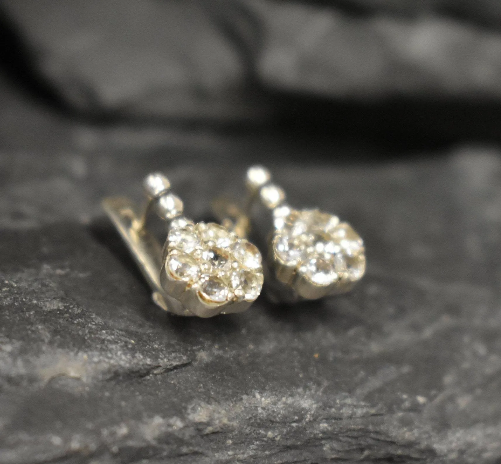 Sparkly Flower Earrings - Natural White Topaz,  White Diamond Studs